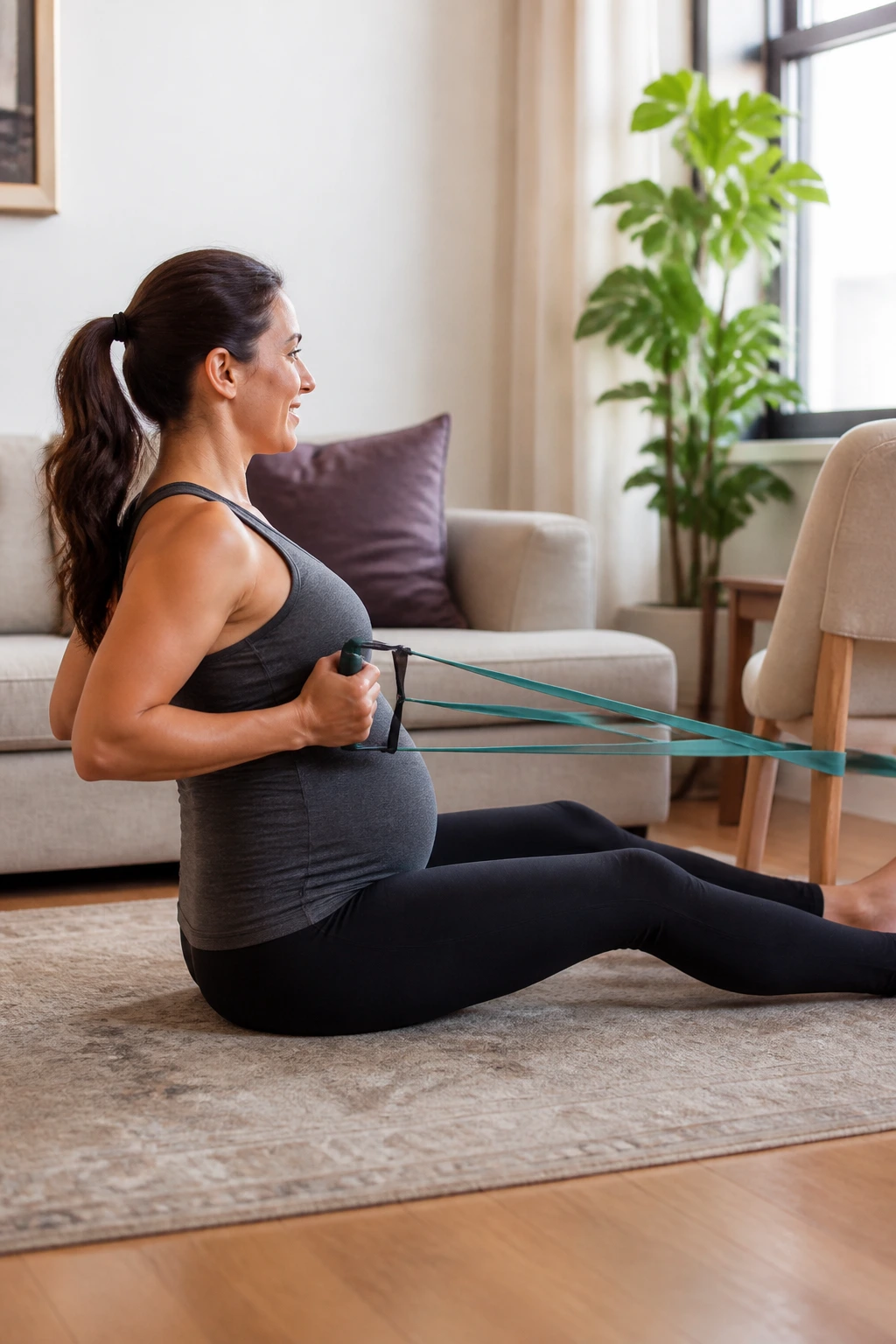 Pregnant woman performing resistance band row to strengthen upper back.