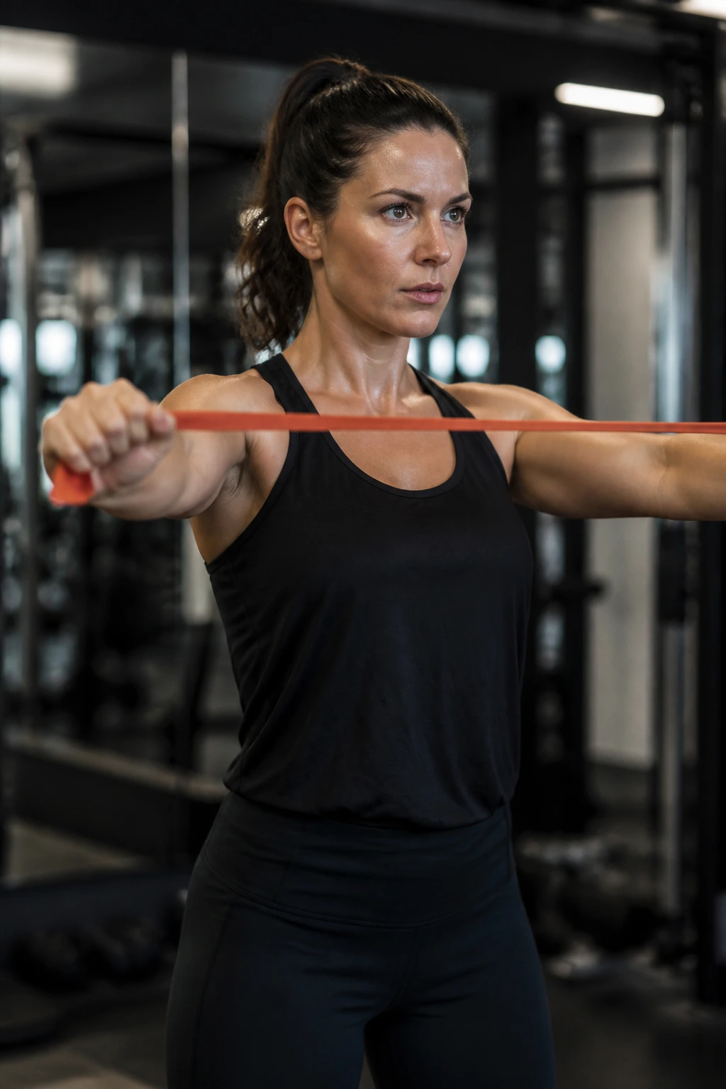 Mid-shot of a person performing a resistance band exercise in a gym