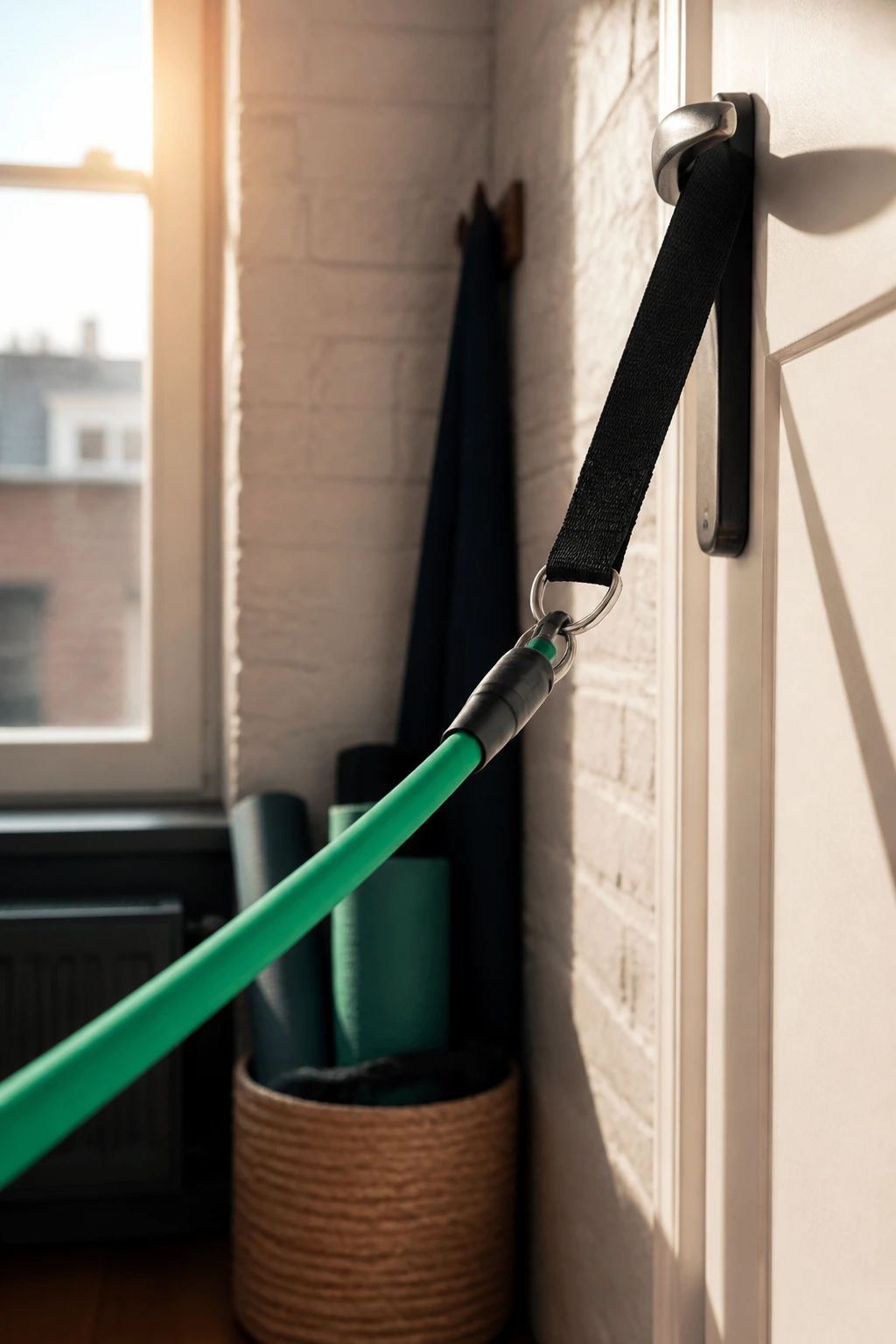 Close-up of a resistance band anchored in a small space for home workouts