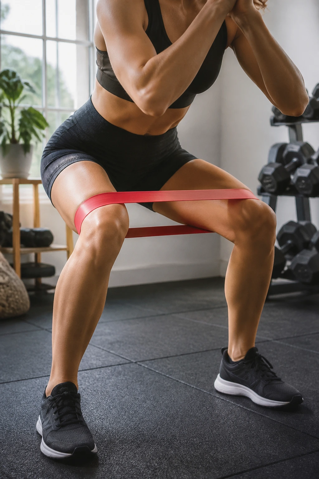Real person performing a resistance band squat at home with a thigh-high loop band.