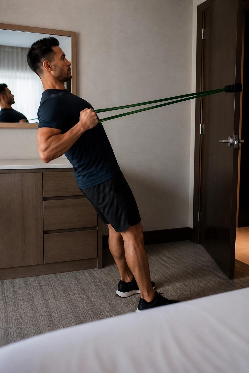 Real person performing resistance-band row in hotel room