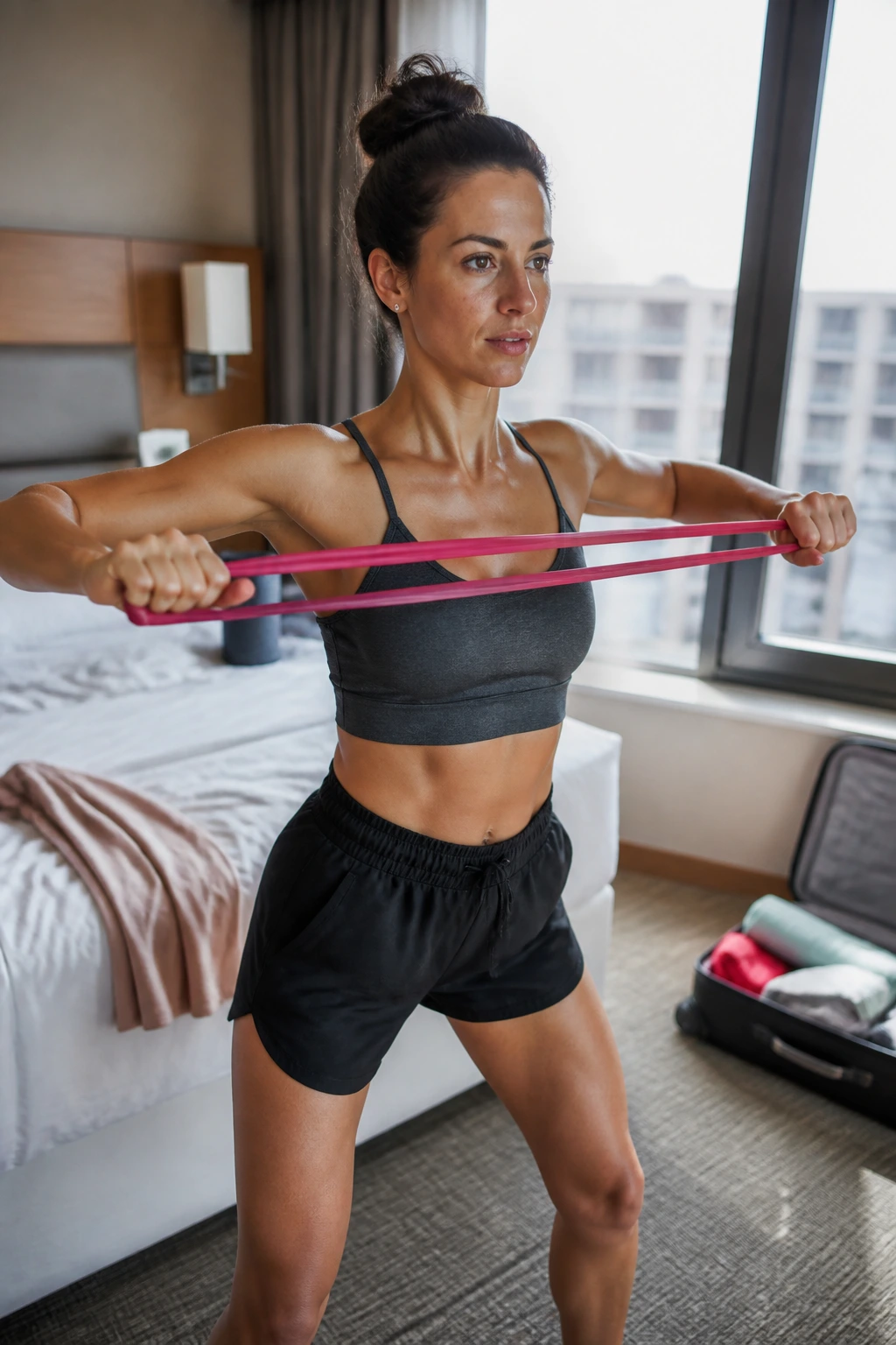 Person using resistance band in hotel room for compact workout