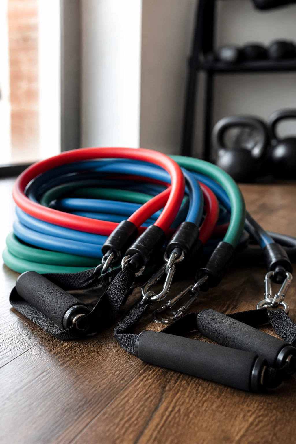 Close-up of colorful resistance bands coiled on a wooden gym floor for warmups and strength training