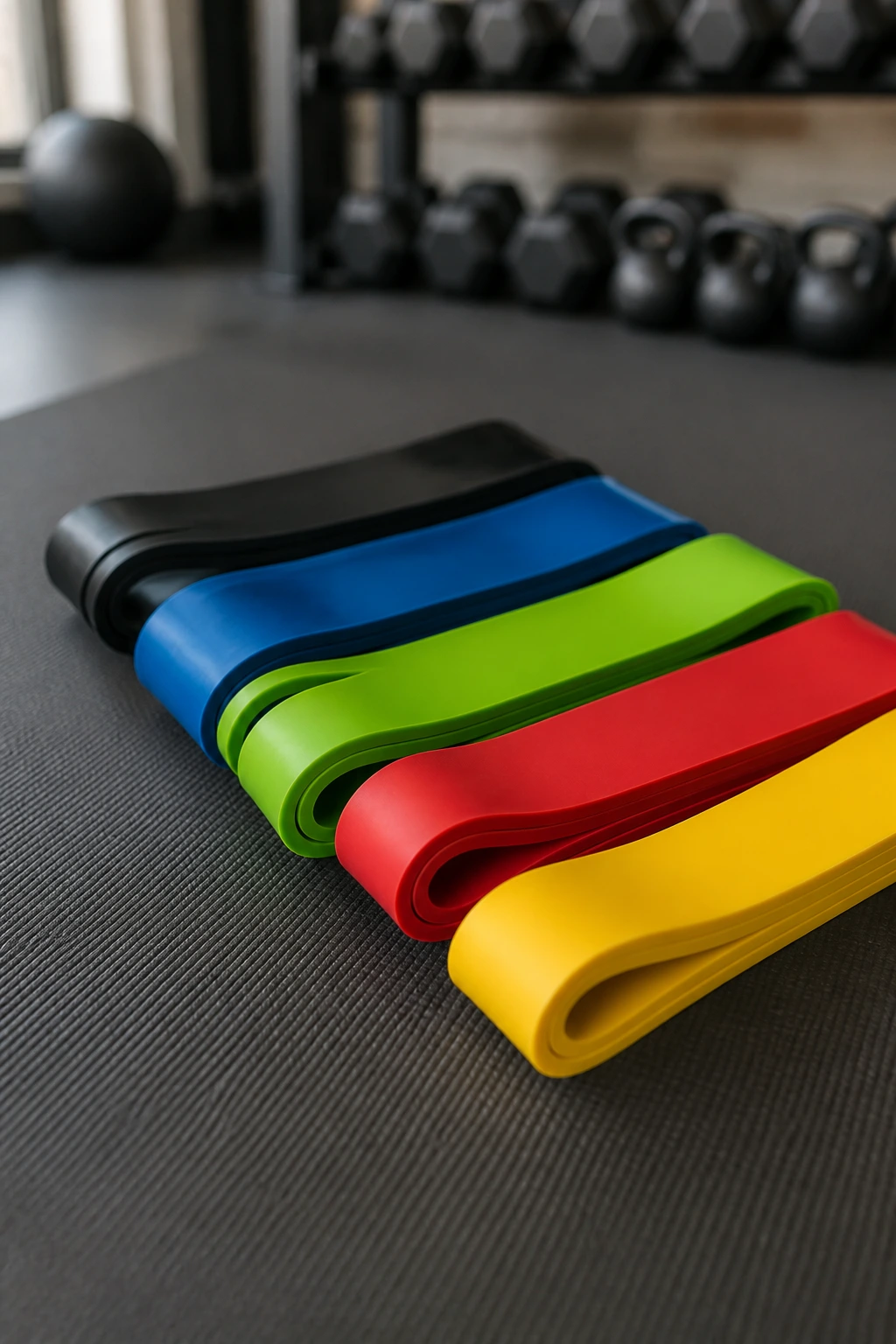 Close-up of colorful resistance bands on a gym mat