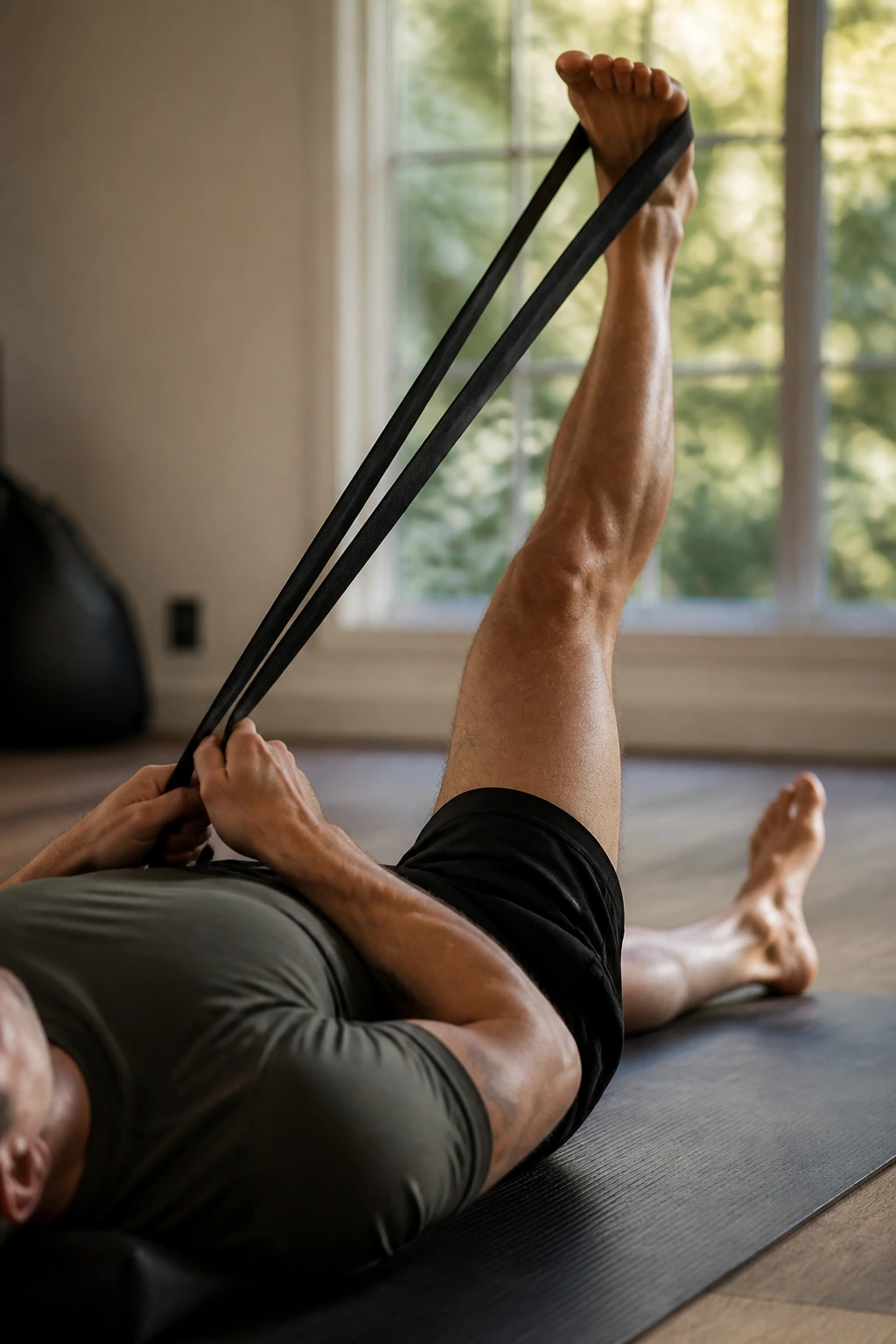 Close-up of leg with a resistance band around the foot performing a hamstring stretch on a yoga mat