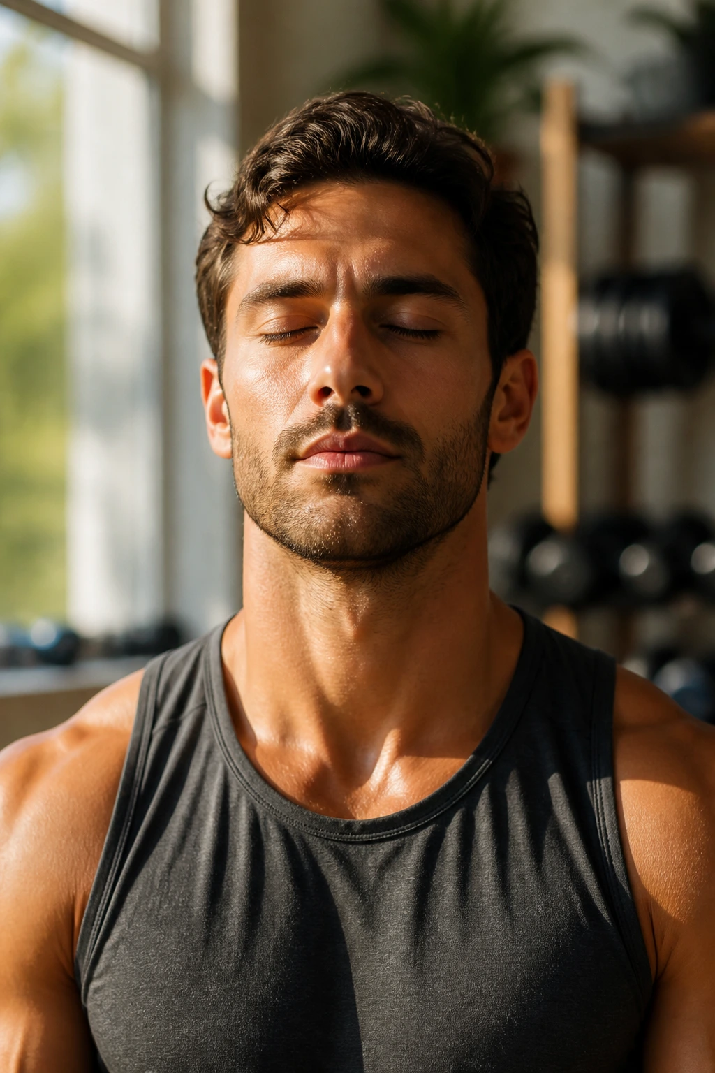 Close-up of person practicing resonance breathing with eyes closed in sunlit home gym