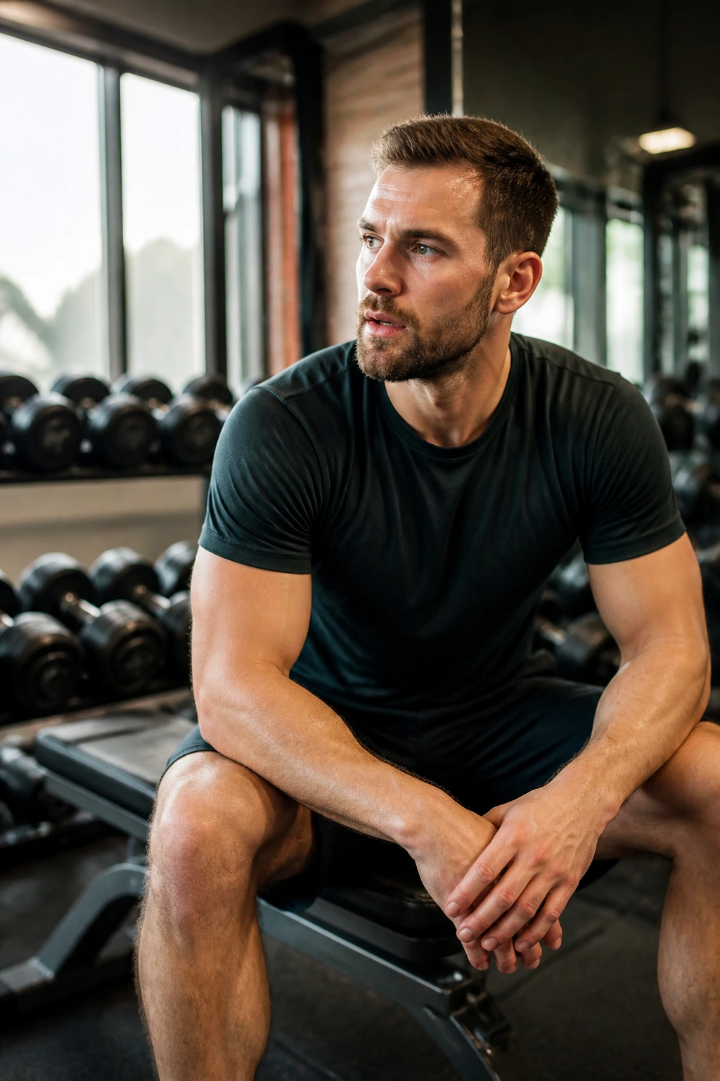 Lifter resting between sets on gym bench