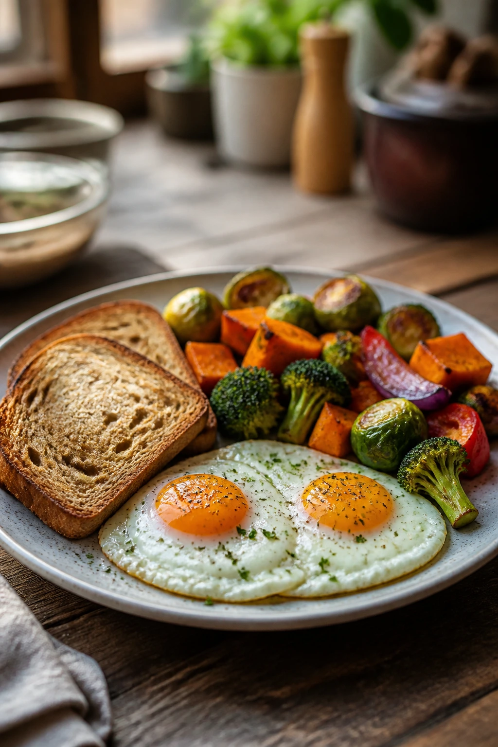 Close-up of a balanced plate with eggs, sourdough, and vegetables representing rest day nutrition