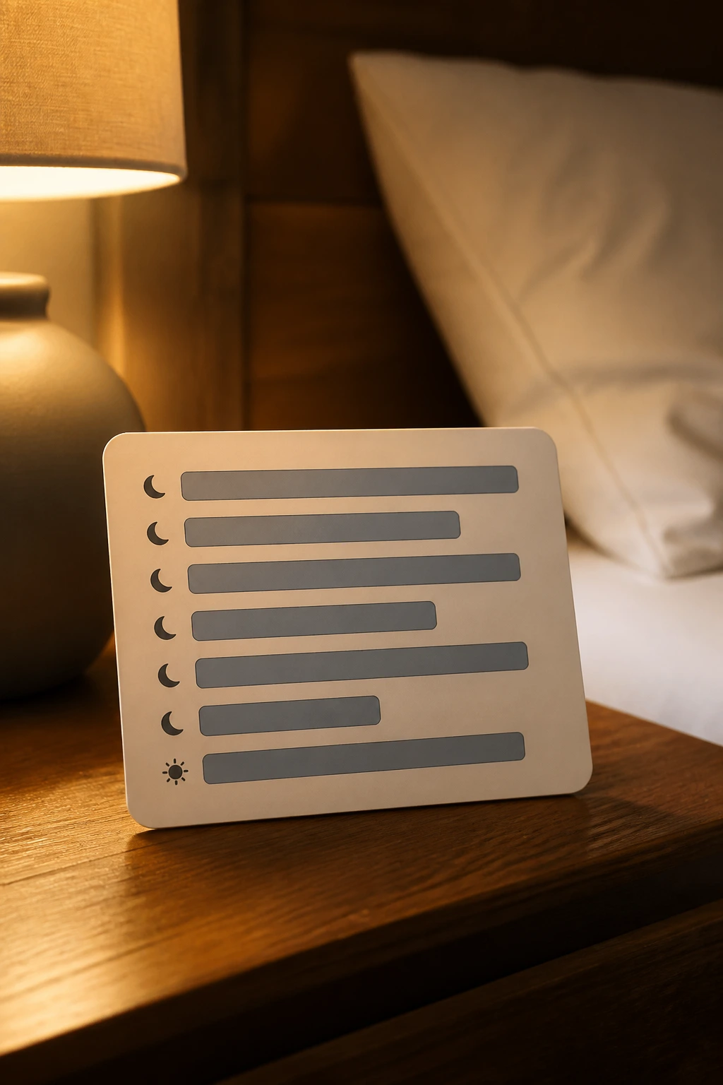 Sleep tracker card with horizontal bars on a bedside table