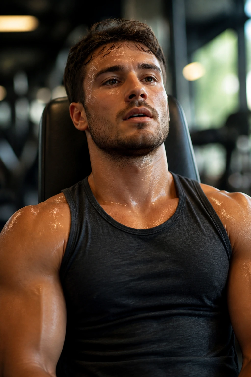 Lifter resting between sets on a bench in a gym with warm lighting