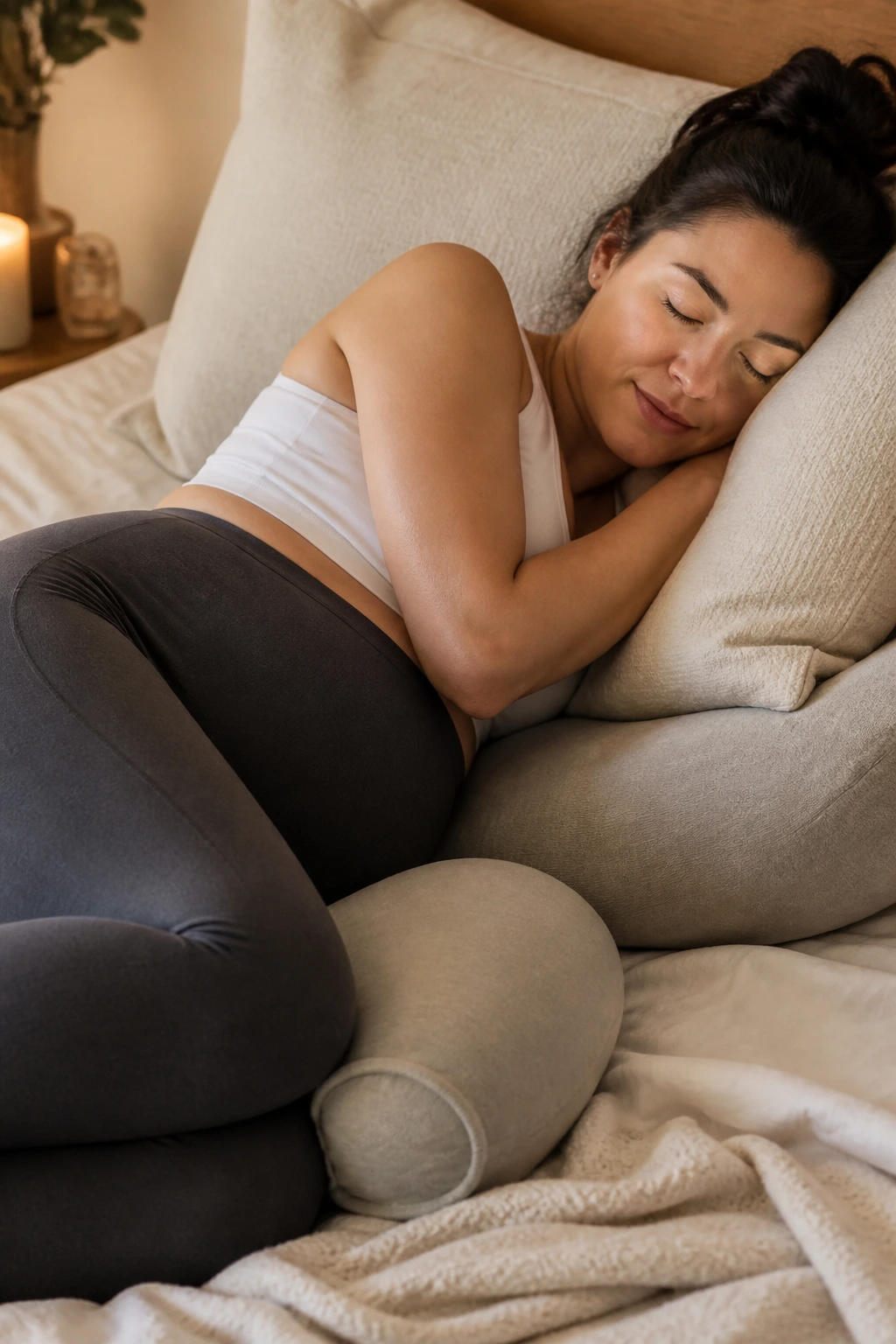 Real person resting on their side with pillows in a cozy bedroom
