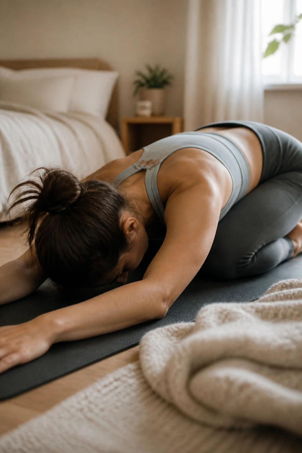 Person in Child's Pose on a mat in a cozy bedroom with soft morning light