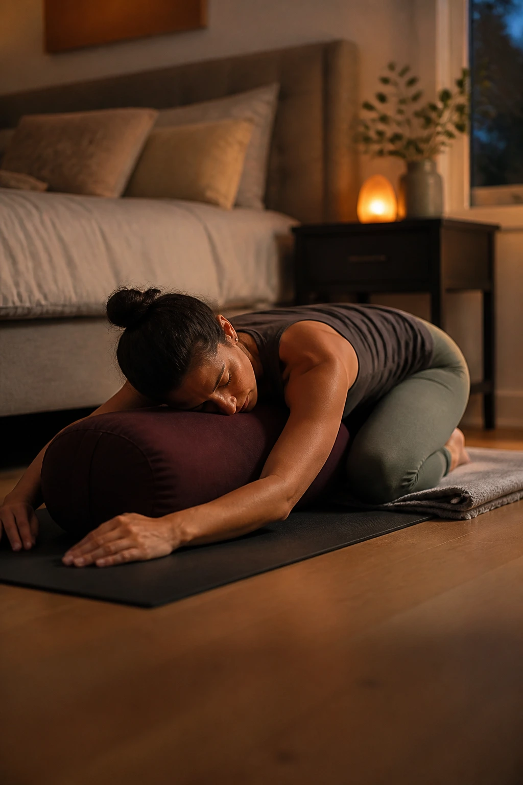 Person practicing restorative yoga with props in a cozy bedroom