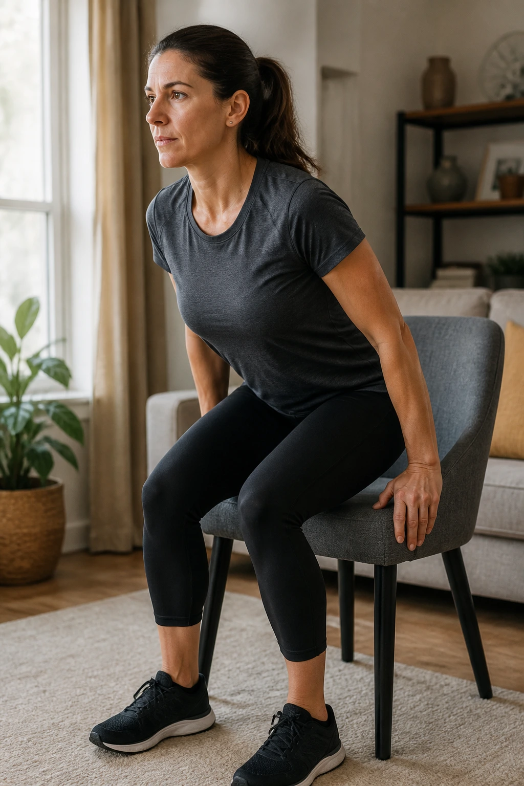 Person performing sit-to-stand from chair in living room