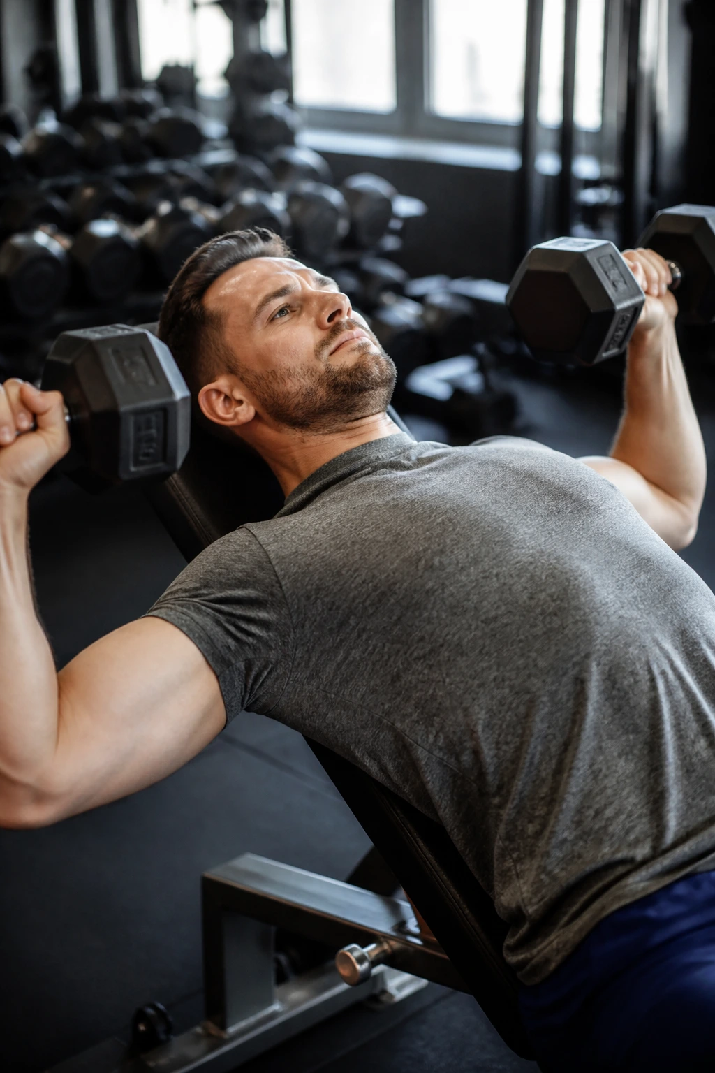 Close-up of a real person performing a light chest press in a gym for a return-to-gym reset
