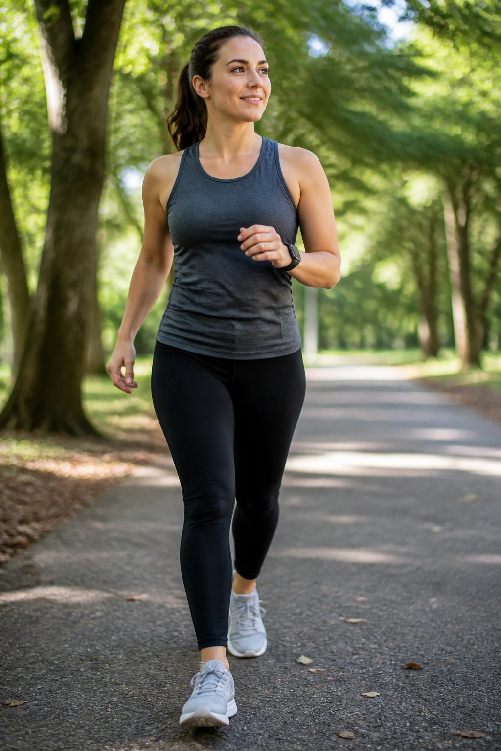 Person brisk-walking outdoors on a park path during run-prep training