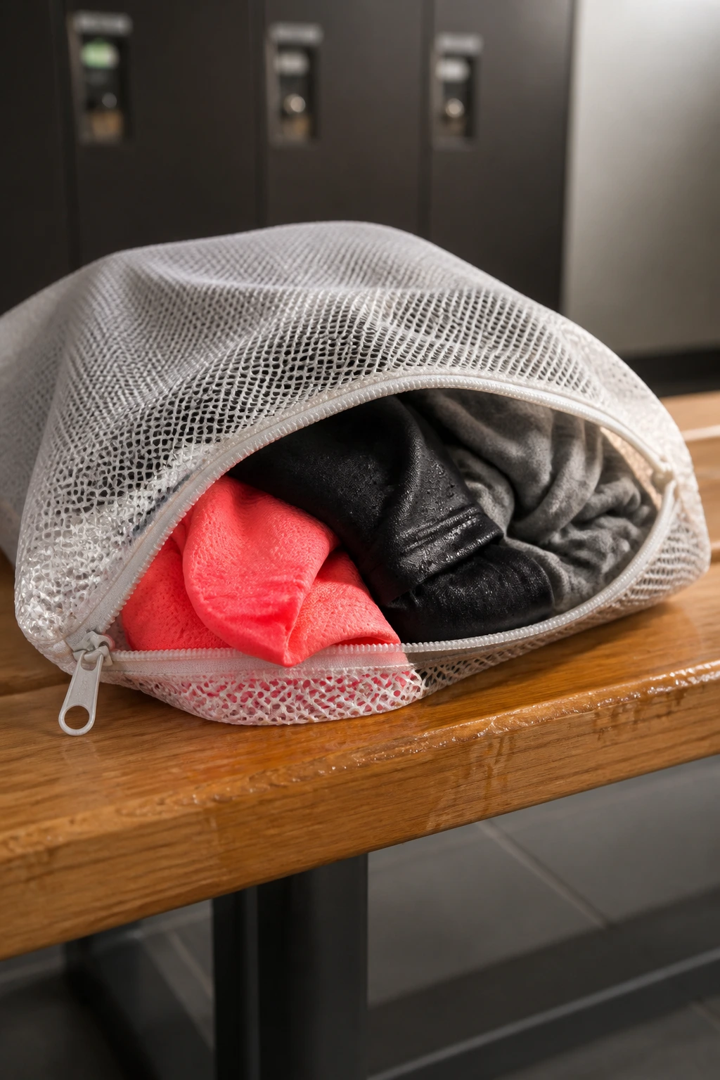 Mesh reusable laundry bag with damp clothes on a gym bench