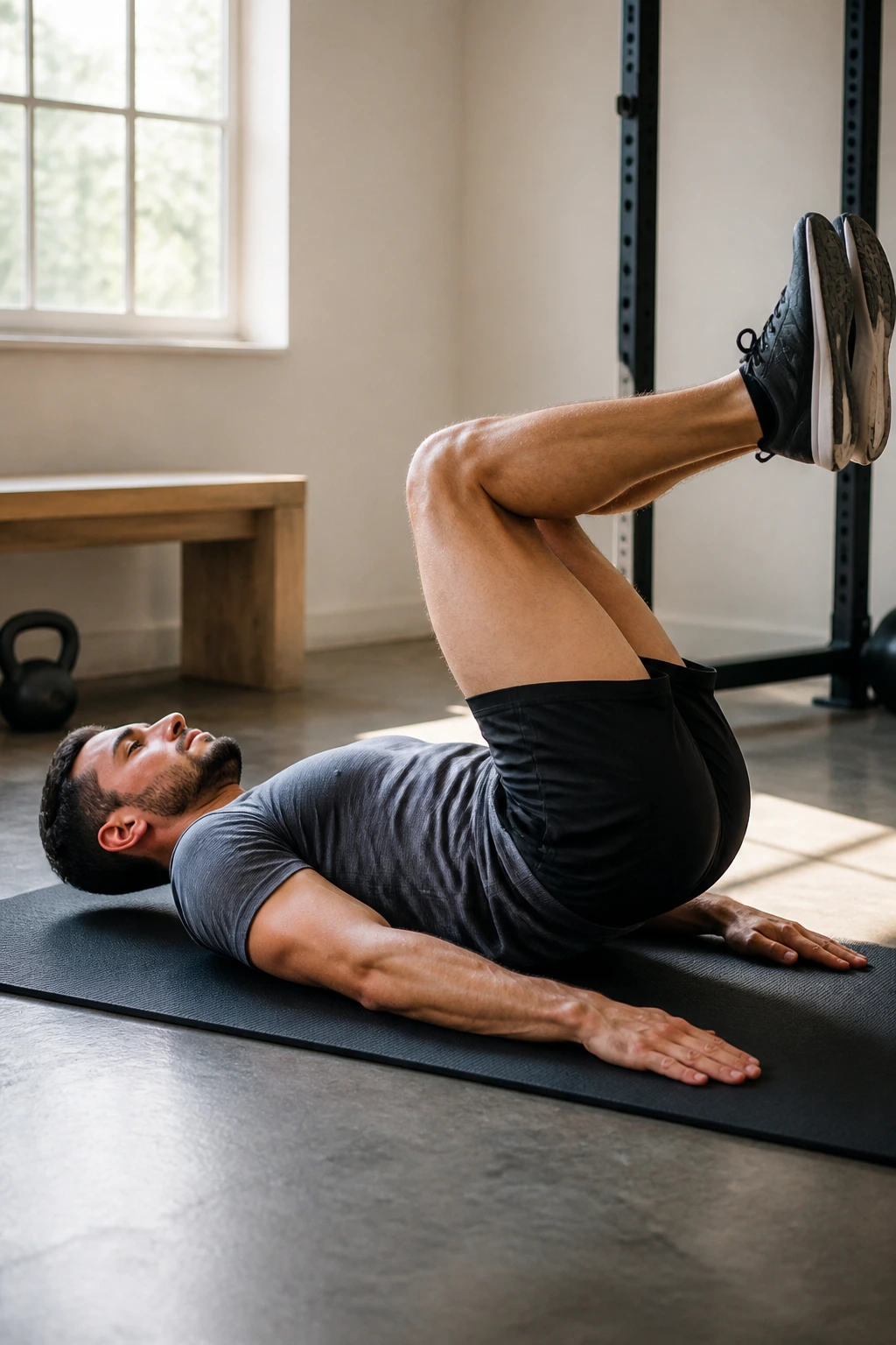 Close-up of a person performing a reverse crunch focusing on pelvic tilt and lower abs
