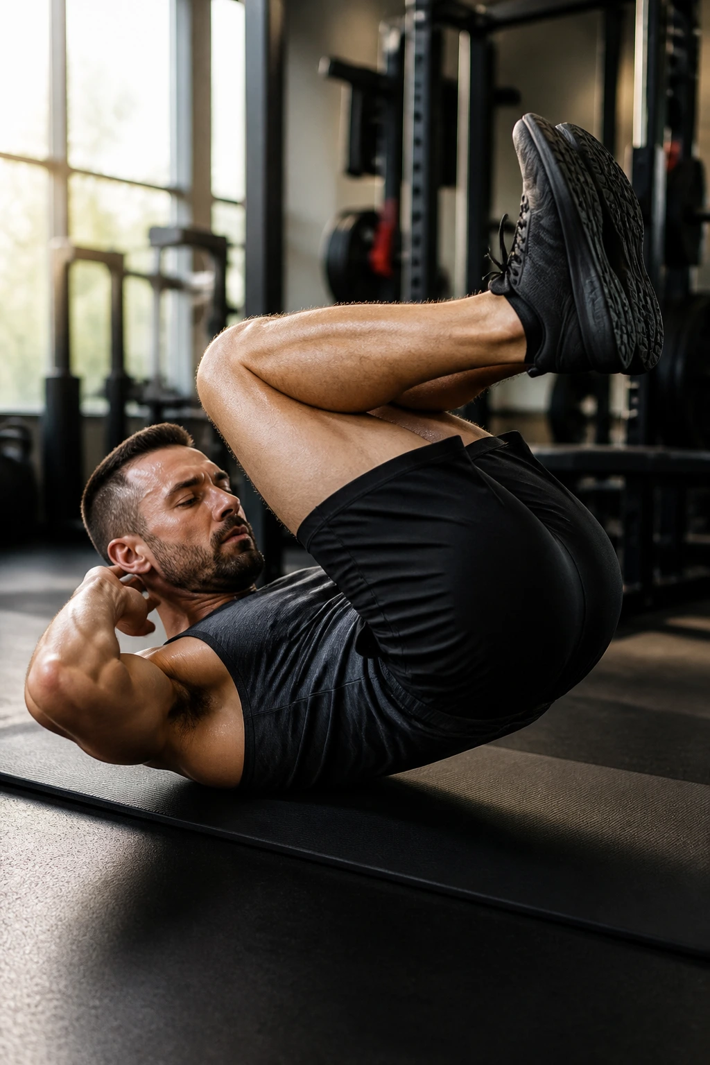 Close-up of person performing reverse crunch with curl on mat