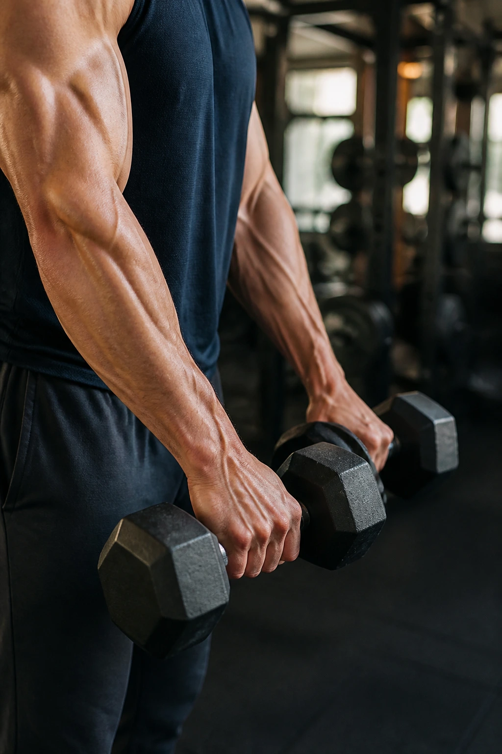 Close-up of a real person performing a reverse curl with dumbbells in a gym setting.