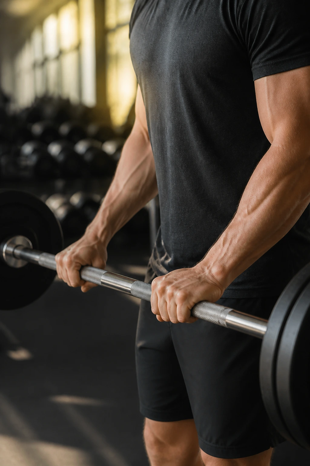 Close-up of forearms and hands performing a reverse curl with a straight bar in a gym setting