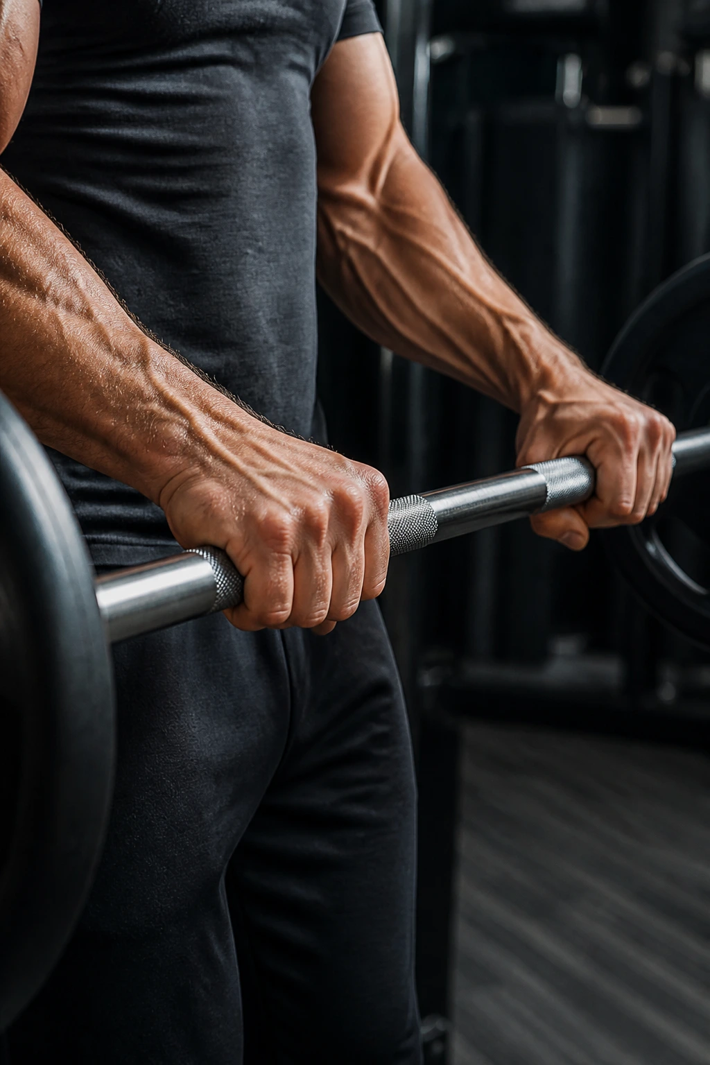 Forearms performing a reverse curl with a barbell in gym