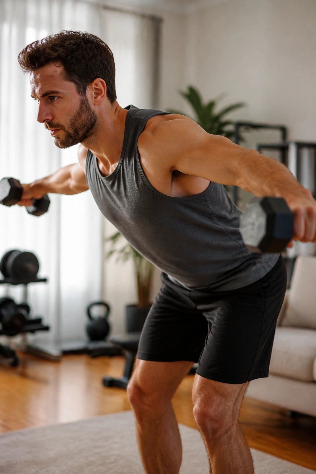 Portrait of a person performing Reverse Flys, showcasing rear delts and upper back.