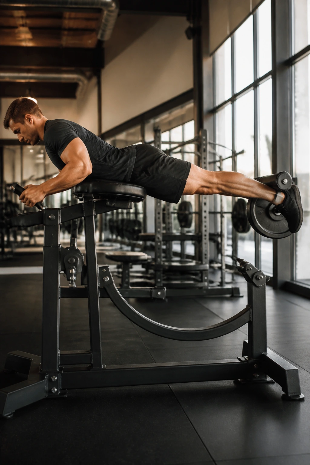 Lifter performing reverse hyperextension on machine in gym