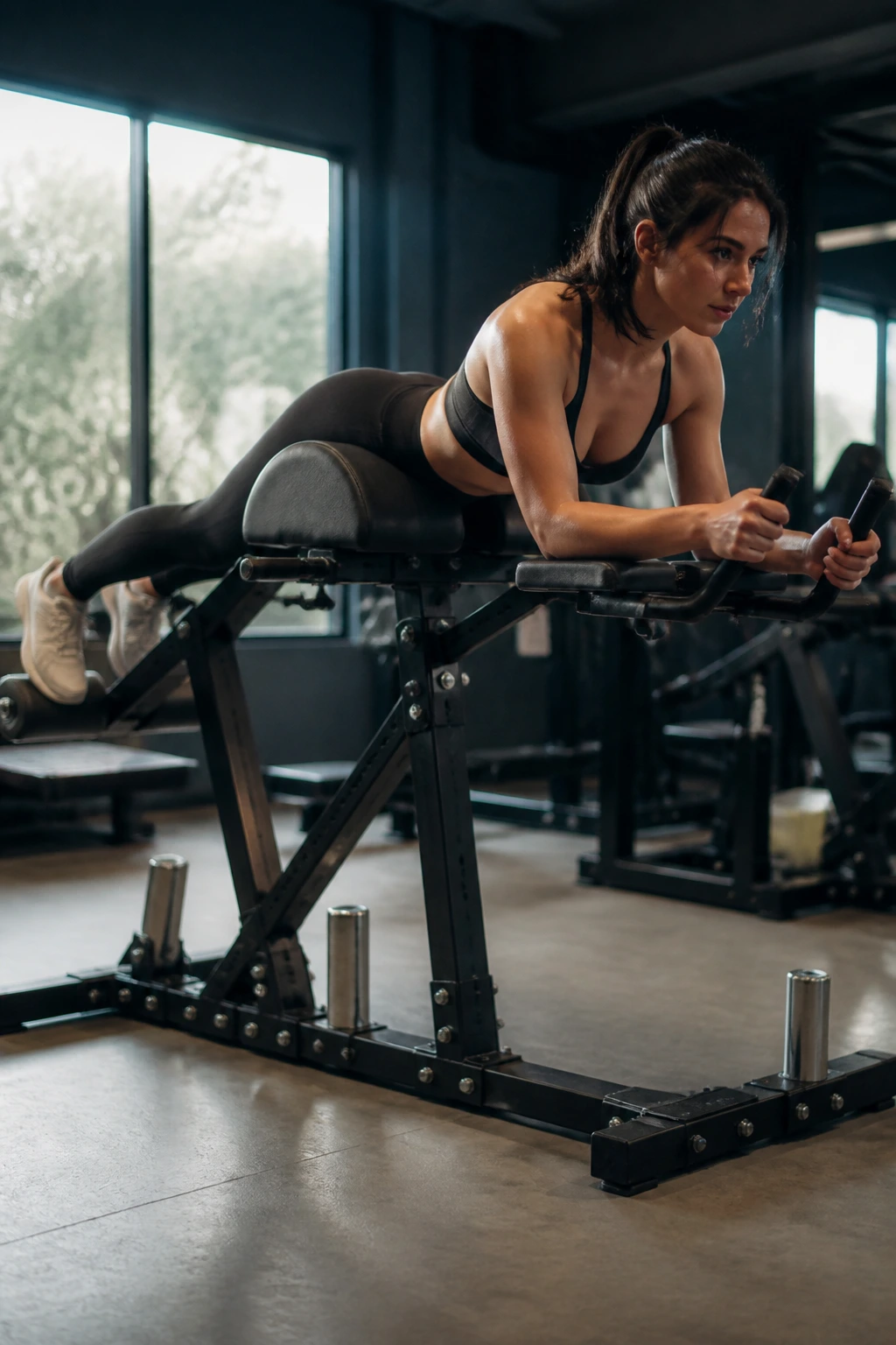 Person using reverse hyperextension machine in gym