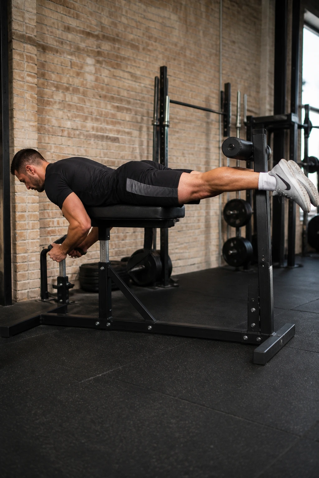 Side view of a person performing reverse hyperextensions on a bench