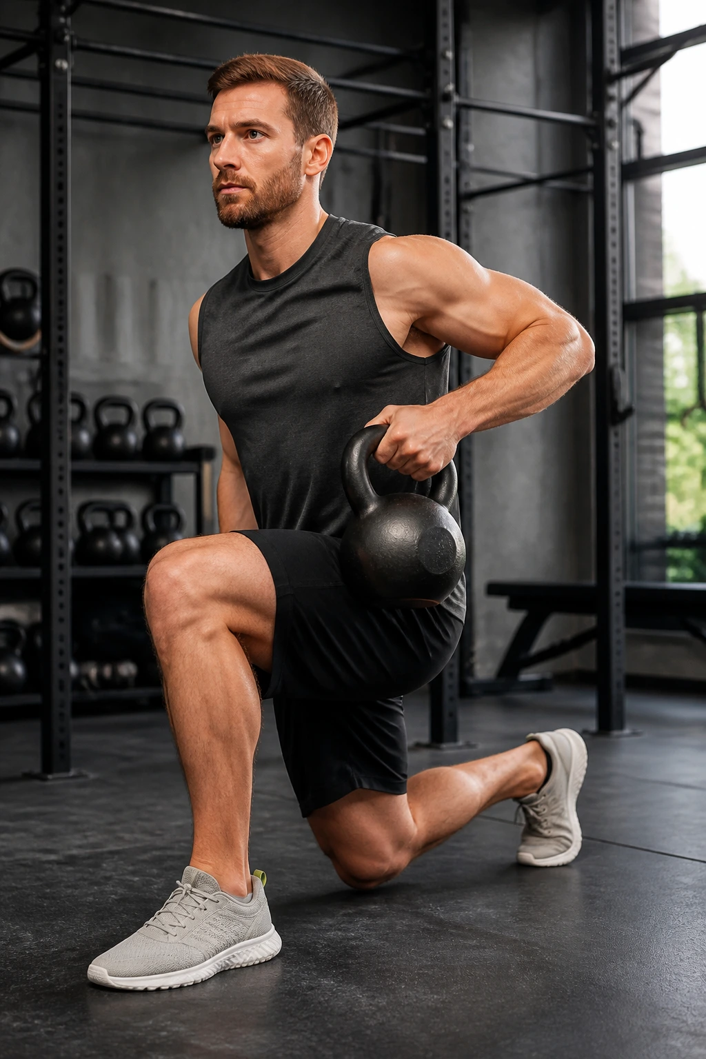 Athlete doing reverse lunge with kettlebell row in gym