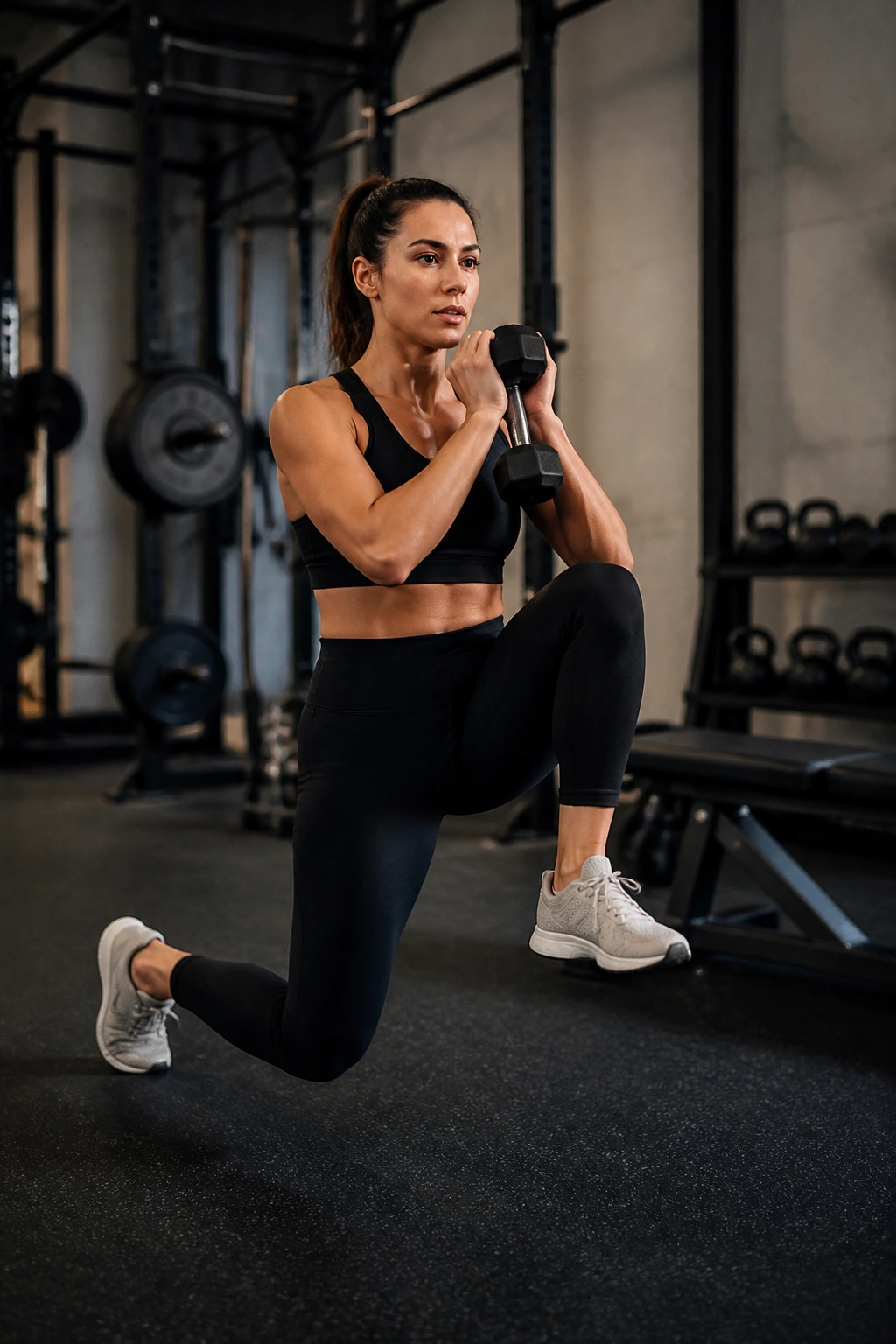 Person performing reverse lunge to knee drive with chest-height dumbbell