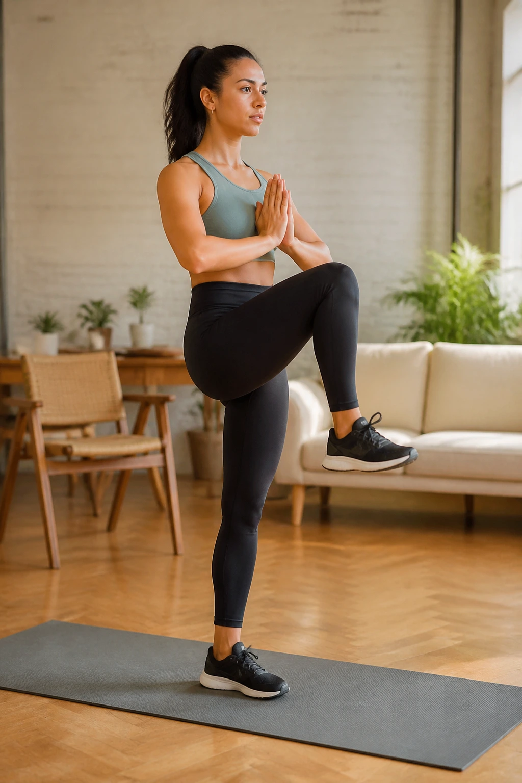 Person performing reverse lunge to knee lift in home setting