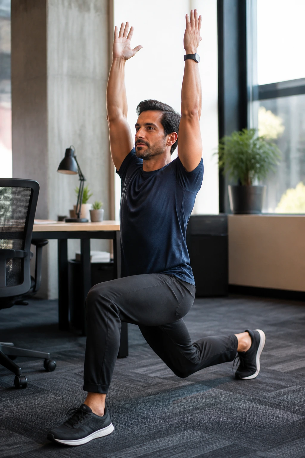 Real person performing reverse lunge and reach in an office setting