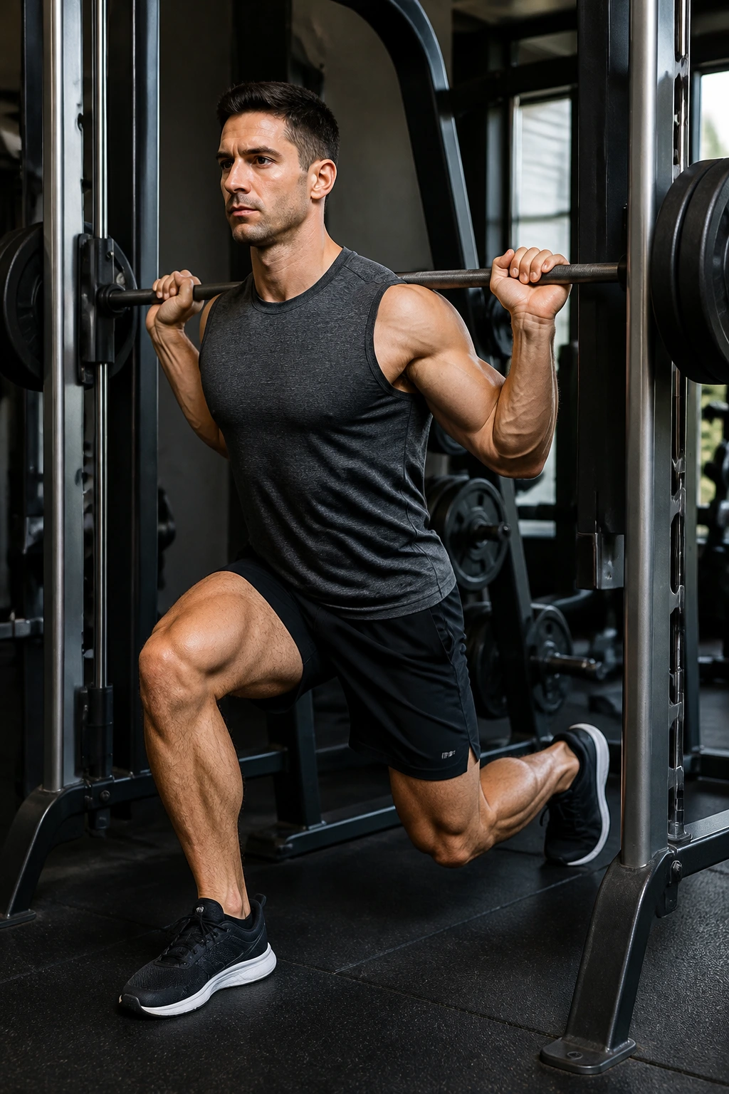 Close-up of lifter performing reverse lunge on Smith machine for balance