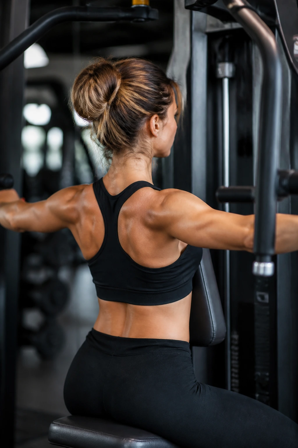 Real woman using reverse pec deck fly in gym