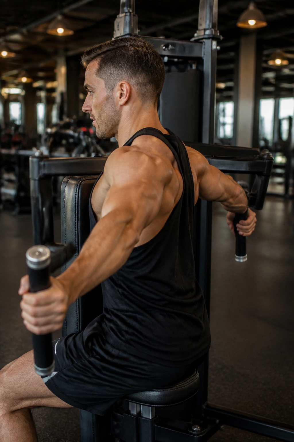 Close-up of a person using a Reverse Pec Deck to train rear delts