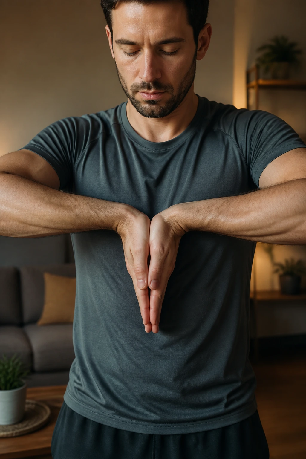Close-up of a real person performing the reverse prayer stretch with hands together at chest level