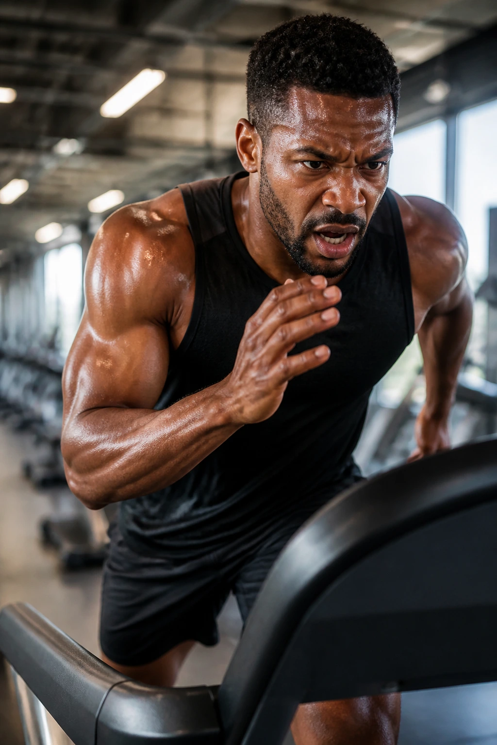 Close-up of a real person sprinting on a treadmill with intense focus