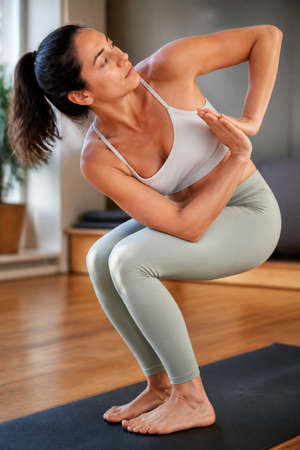 Close-up of a real person in revolved chair hold twisting torso, oblique engagement