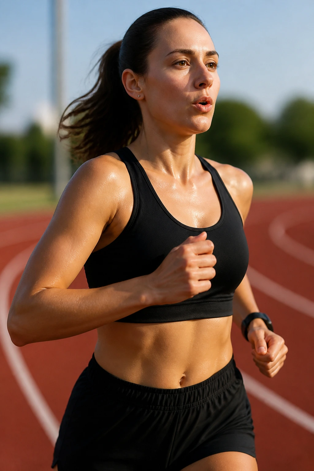 Runner breathing in rhythm with stride on a daytime track
