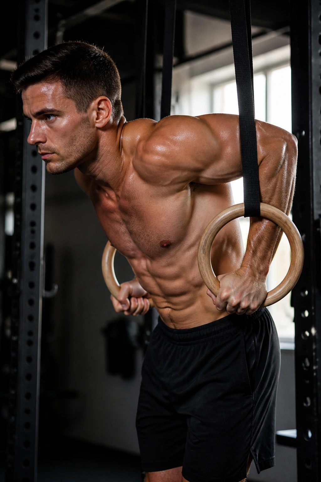 Athlete performing ring dips in a gym with rings visible