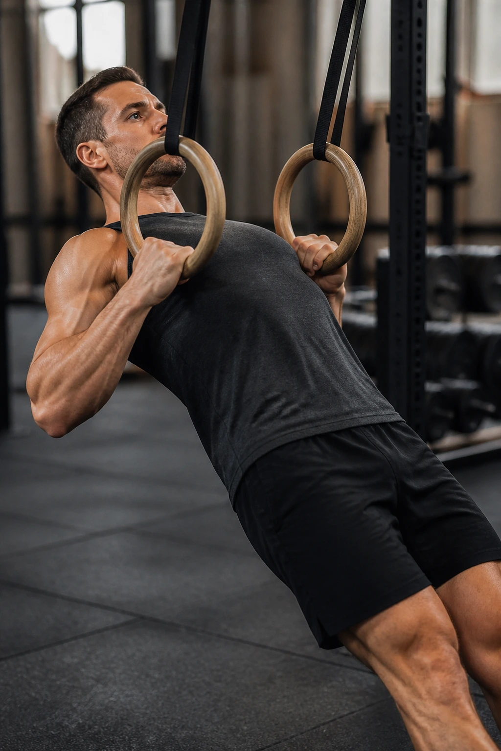 Upper-body shot performing ring rows on gym rings