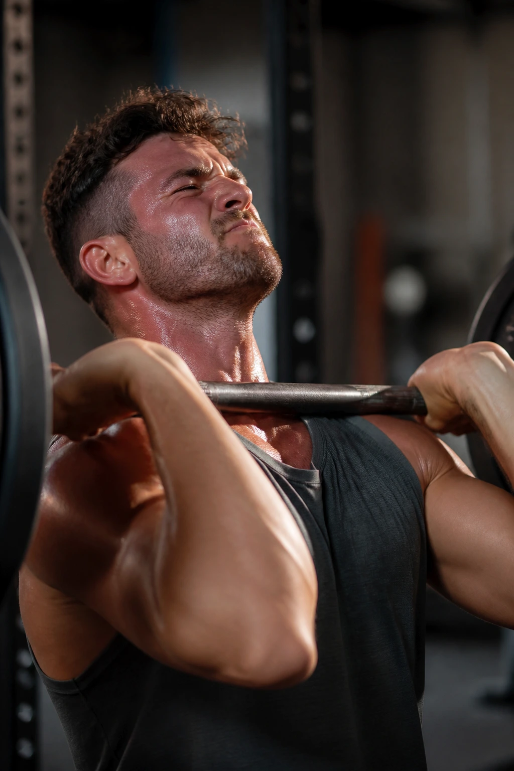 Lifter finishing a heavy set with a strained expression in gym