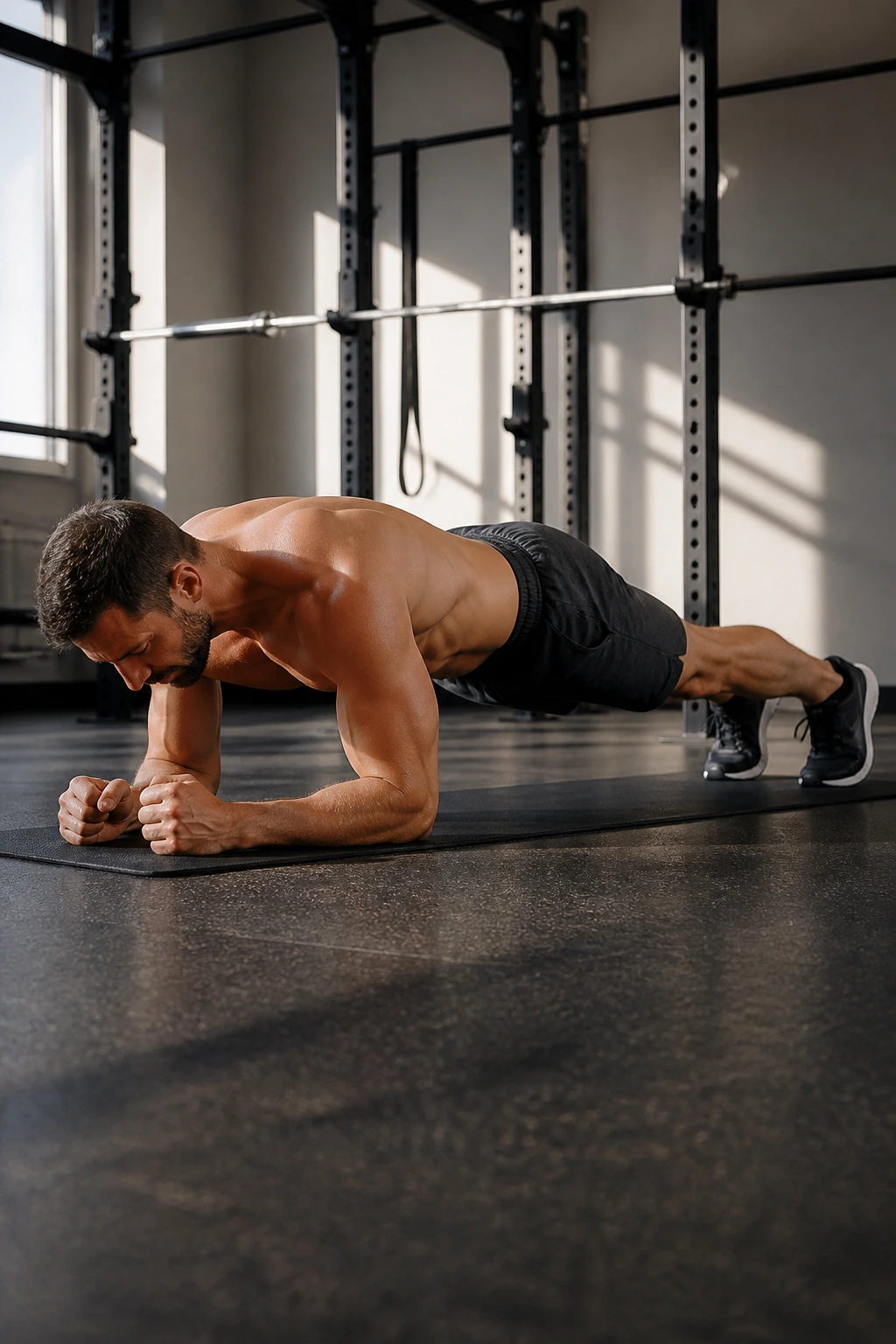 RKC plank with elbows to toes and glutes engaged on mat