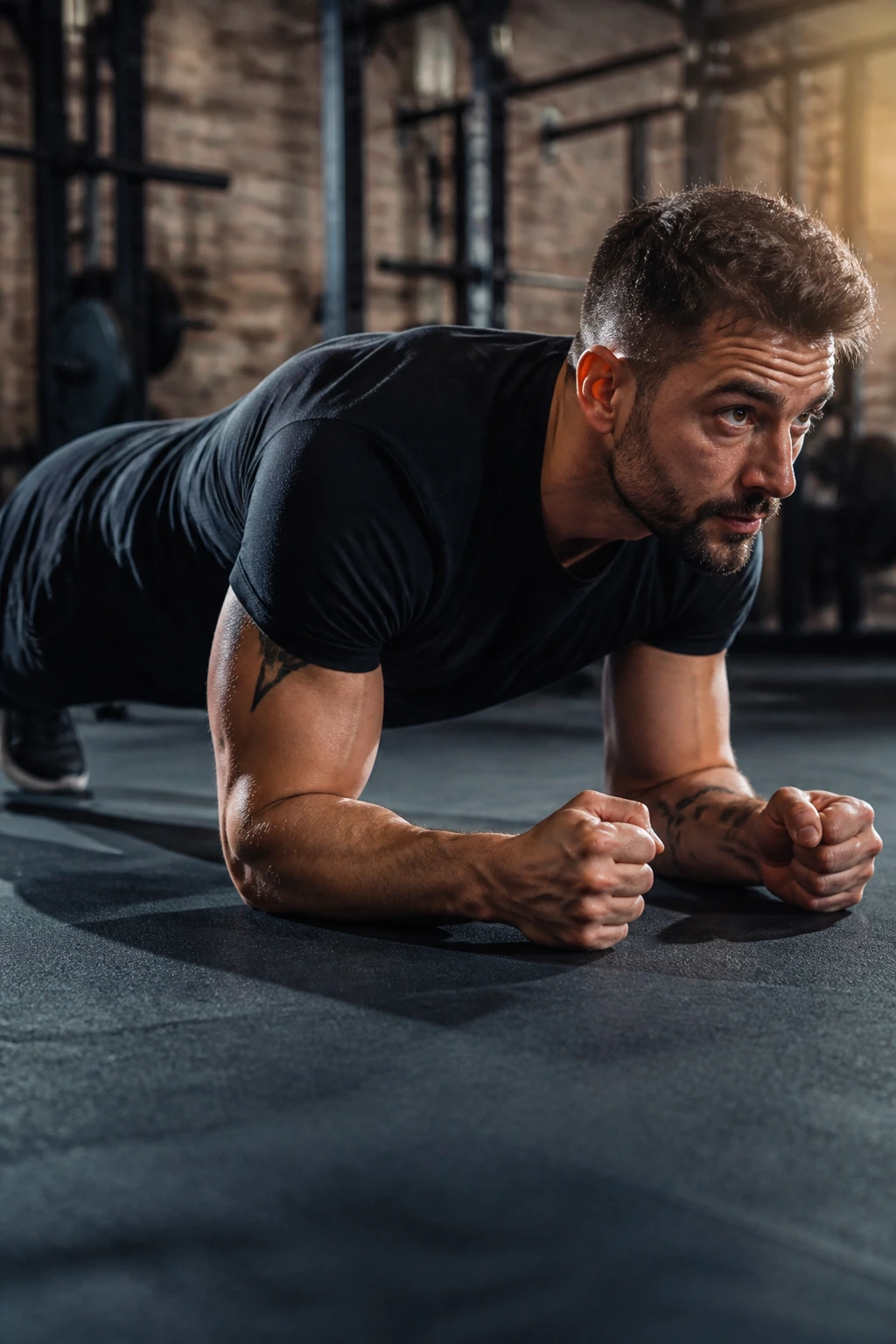 Real person performing RKC plank, elbows toward toes, full-body tension on a gym floor.