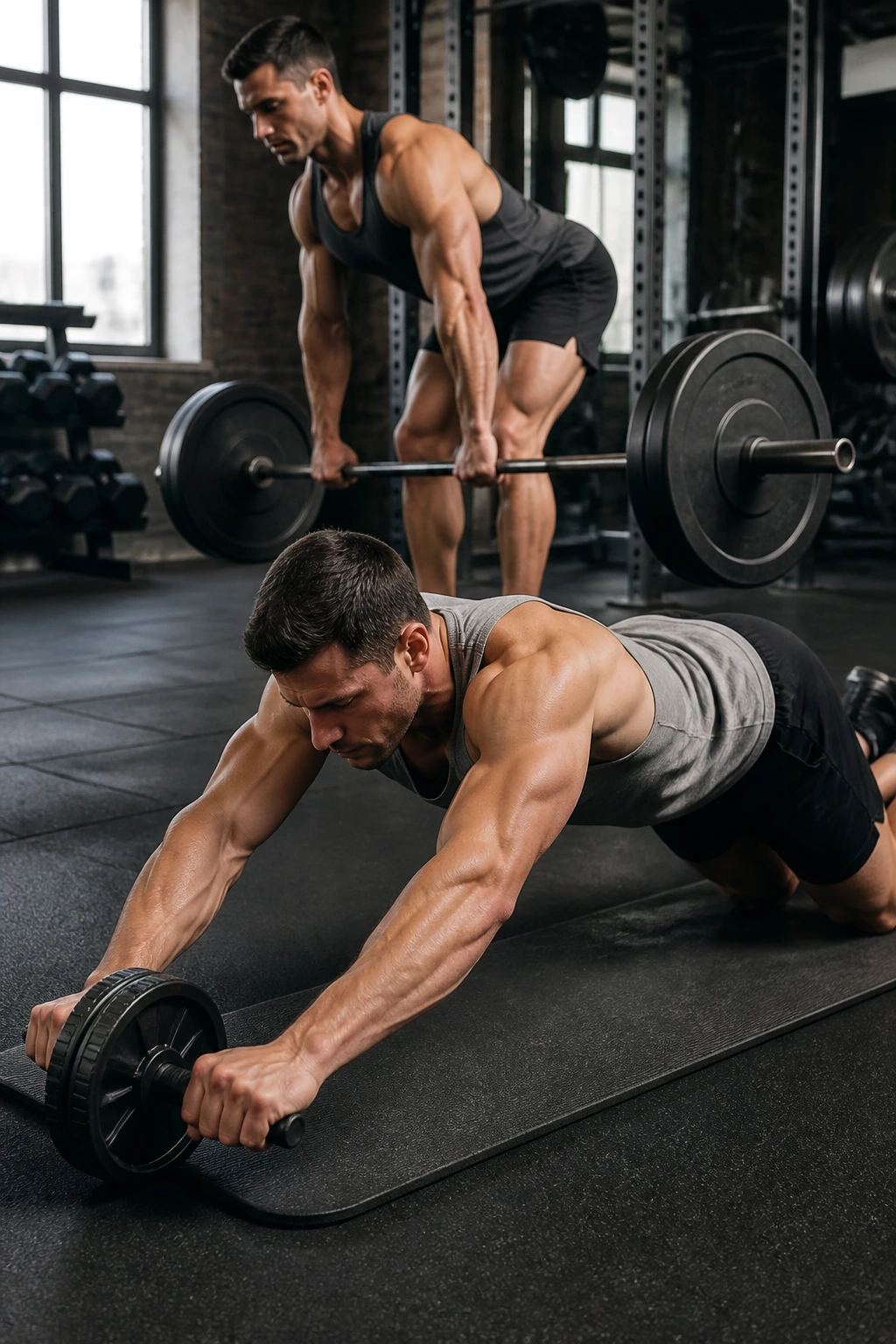 Lifter doing Romanian deadlift with ab wheel on mat nearby in gym