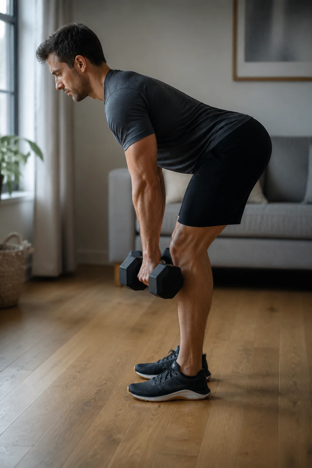 Medium-close shot of a person performing a dumbbell Romanian deadlift in a home setting.