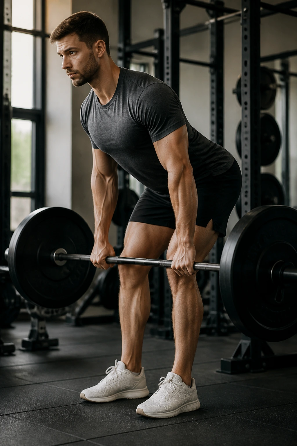 Close-up of lifter performing Romanian Deadlift with barbell and hip hinge