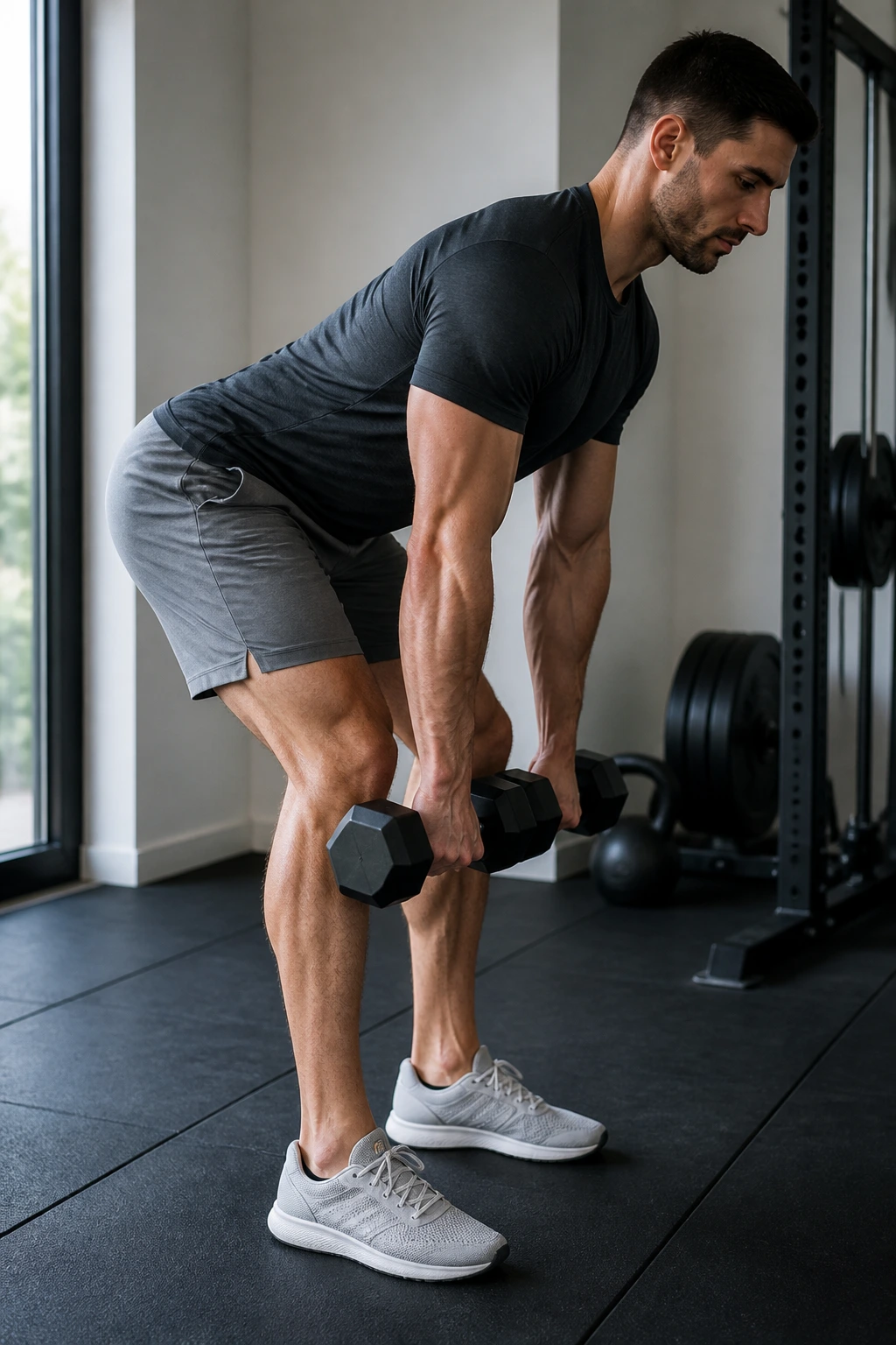 Romanian deadlift close-up with dumbbells along legs